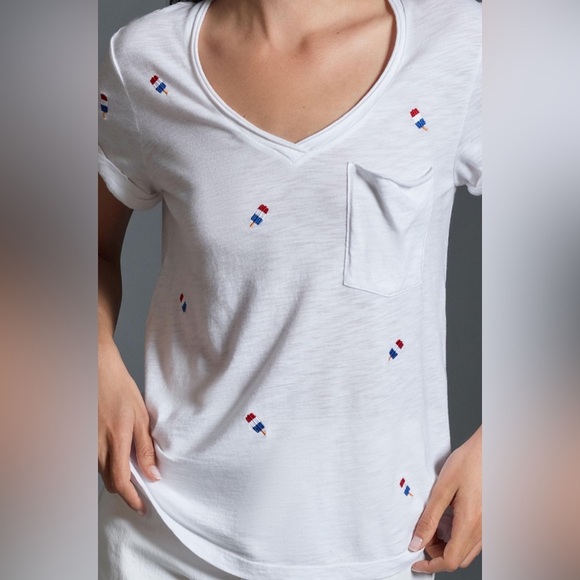 Anthropologie T.La Women's White Embroidered Short Sleeve V-neck Top Sz M (a3 - Picture 2 of 10